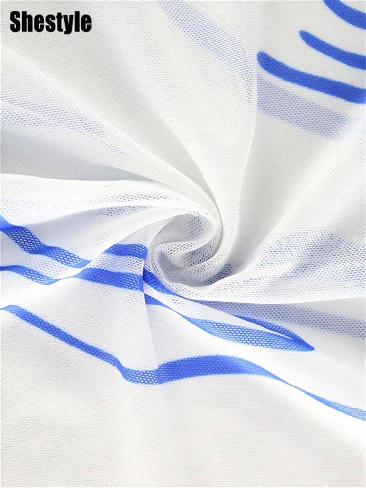 Shestyle Abito lungo a tubino trasparente in rete senza spalline Tubo bianco senza maniche Sheer Blue Paisley Stampa aderente Skinny Club sexy