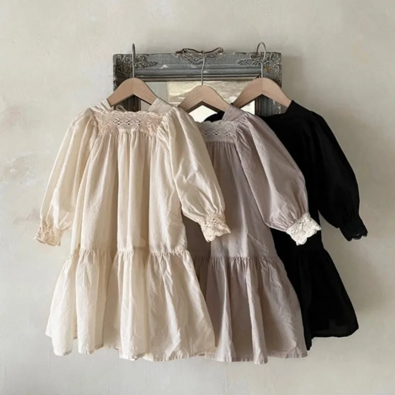 2025 Korean Style New Spring Family Matching Sister Clothes Apricot Black Bodysuit+Lace Square Collar Dress Sisters Look E9203