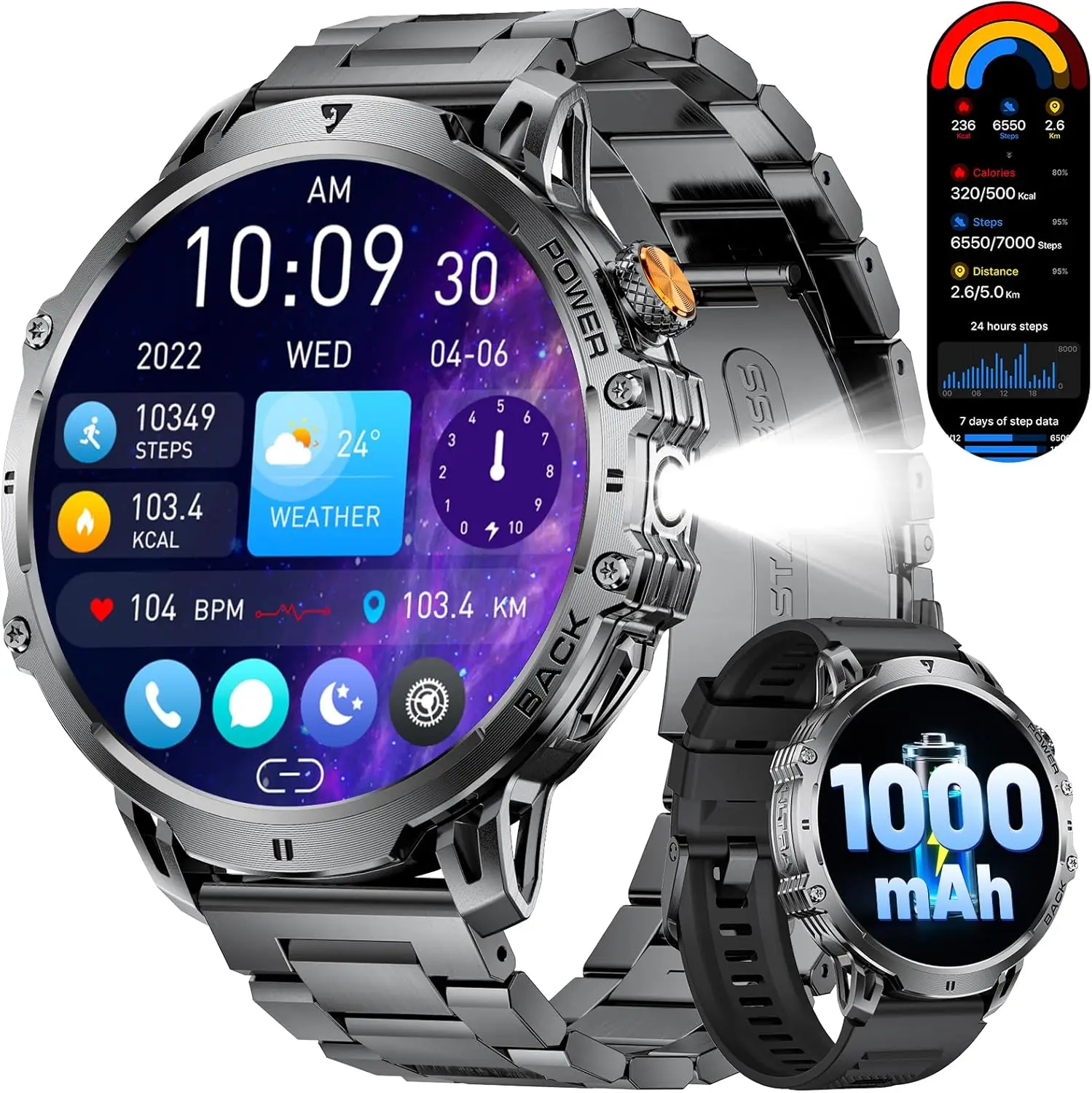 

Military Smart Watch for Men with 2 Bands, Large Screen, Flashlight, Sports Modes, Sleep Monitor - Android iOS Compatible