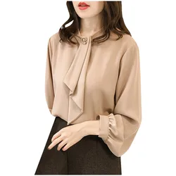 Spring Summer Elegant Blouses Ladies’ Casual Long Lantern Sleeve Solid Round Neck Chiffon Thin Shirt And Blouse Office Lady Tops