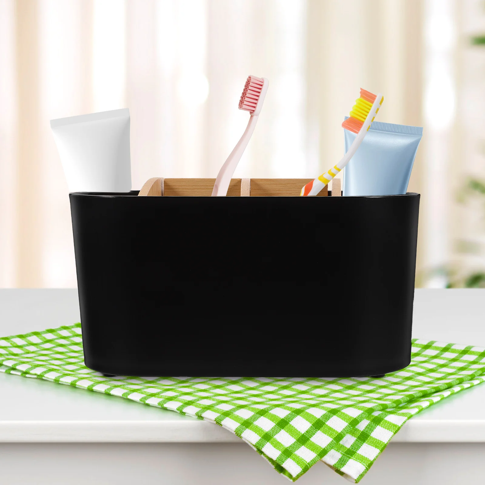 

Bathroom Toothbrush Holder Storage Box Black Reusable Worktop Home PP Bamboo Material Organizer Compartments Space Saving