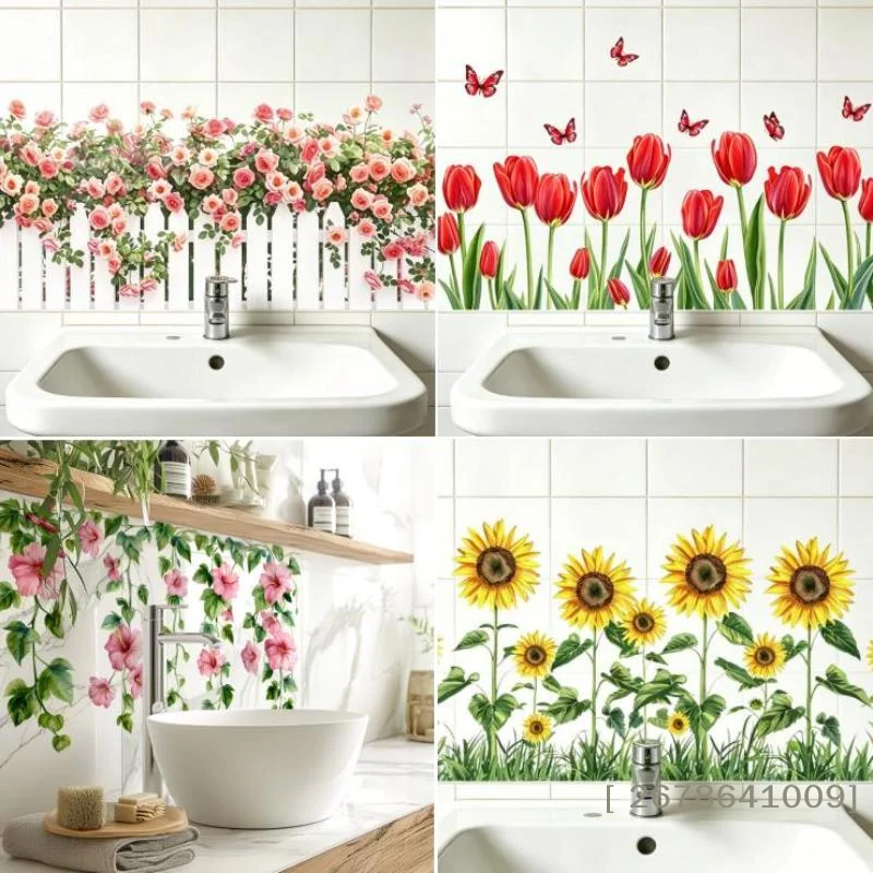 ✔Fresh Floral Pattern Sink Area Background Wall Sticker Bathroom Wall Decoration Self-Adhesive Removable Waterproof Sticker