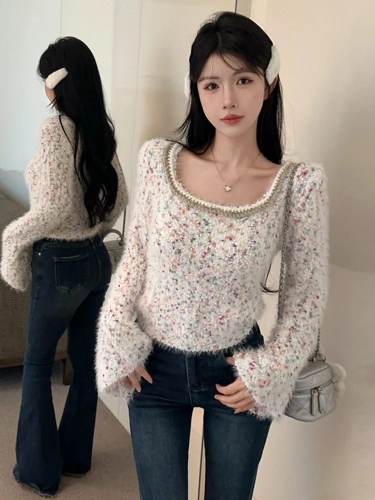 

Сексуальный свободный вязаный свитер с колокольчиками, прямой крой, верхняя часть для женщин, теплый подшипник, милый Sle, эксклюзивный онлайн