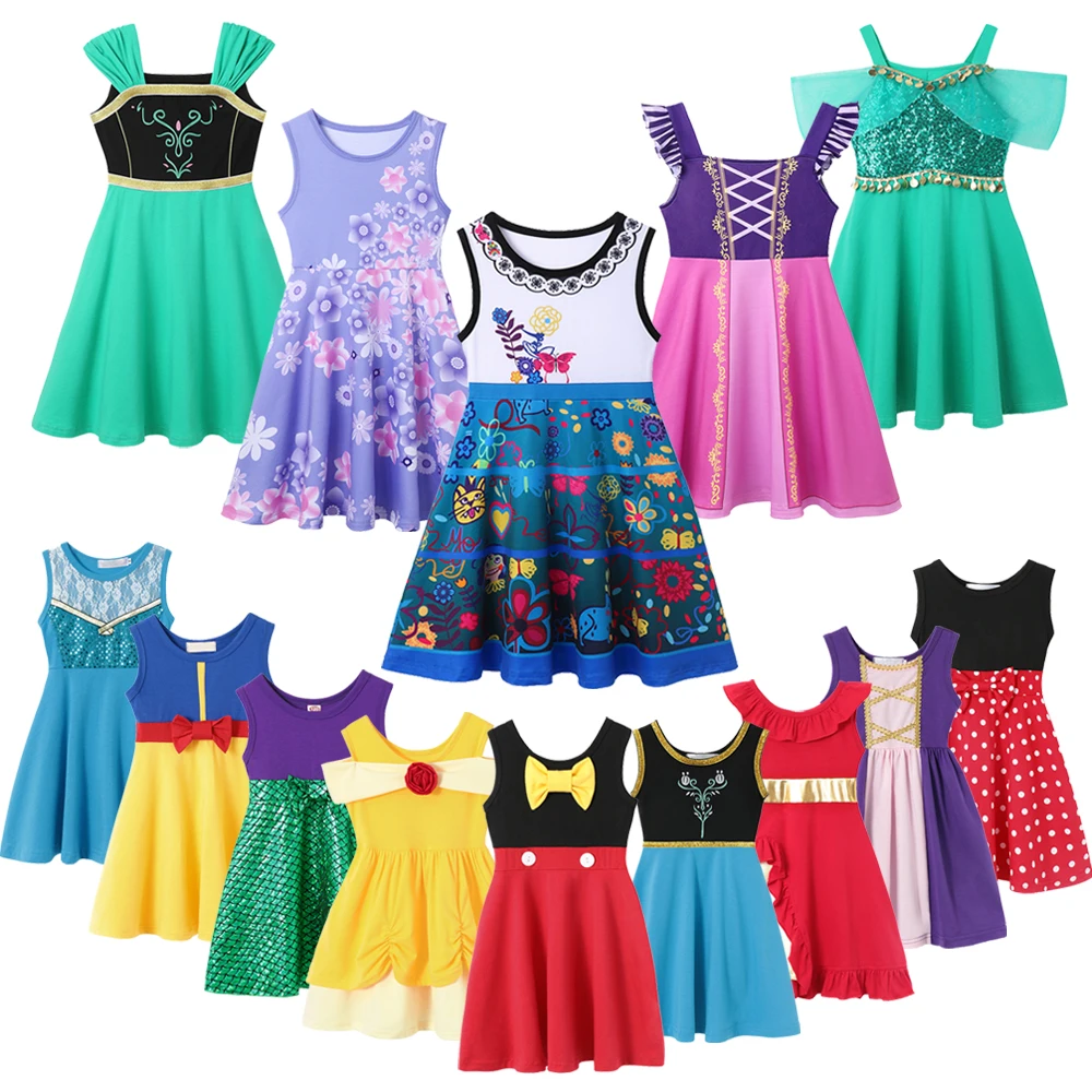 

2024 New Summer Girls Princess Dress Mickey Mouse Frozen Elsa Cosplay Halloween Costume Kids Cotton Carnival