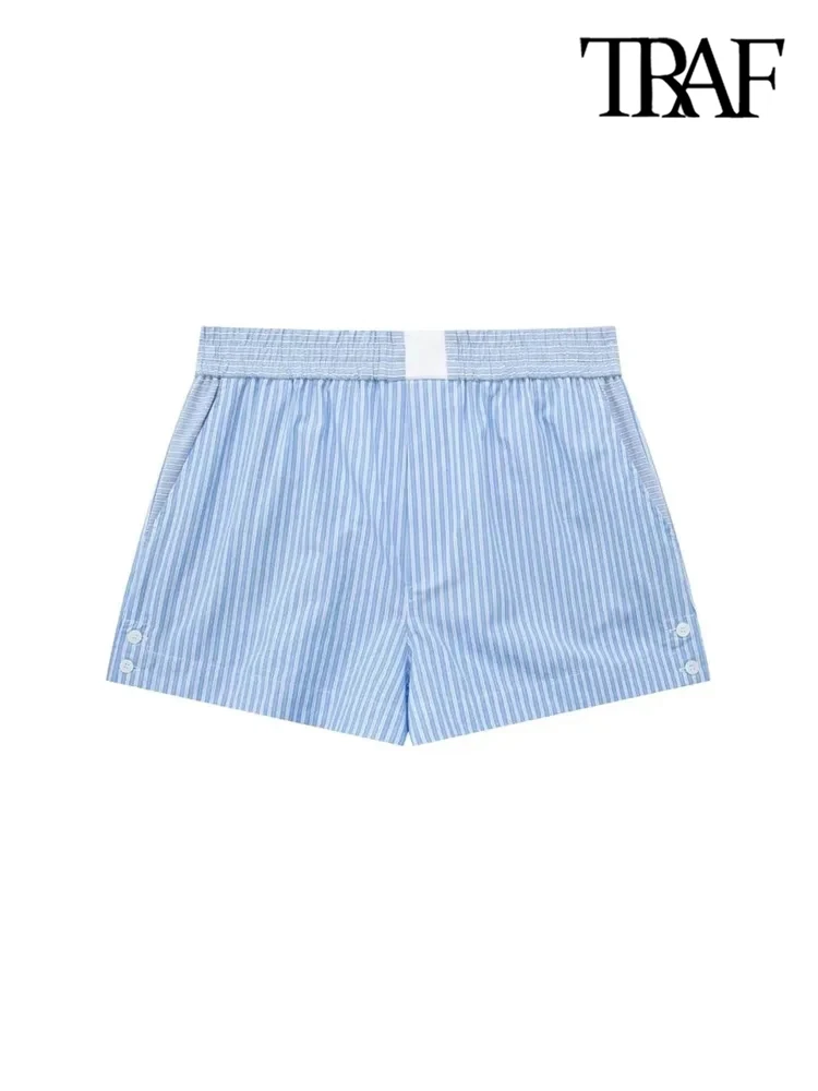 TRAF-Striped Patchwork Shorts for Women, Side Pockets, Vintage, Mid Elastic Waist, Split Hems, Female Short Pants, Chic Fashion