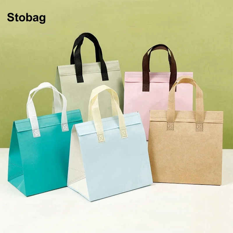 StoBag 10pcs Non-woven Insulation Lunch Bags Tote Portable Fabric Keep Food Warm Cold for Cake Drinks Packaging Delivery Pouch