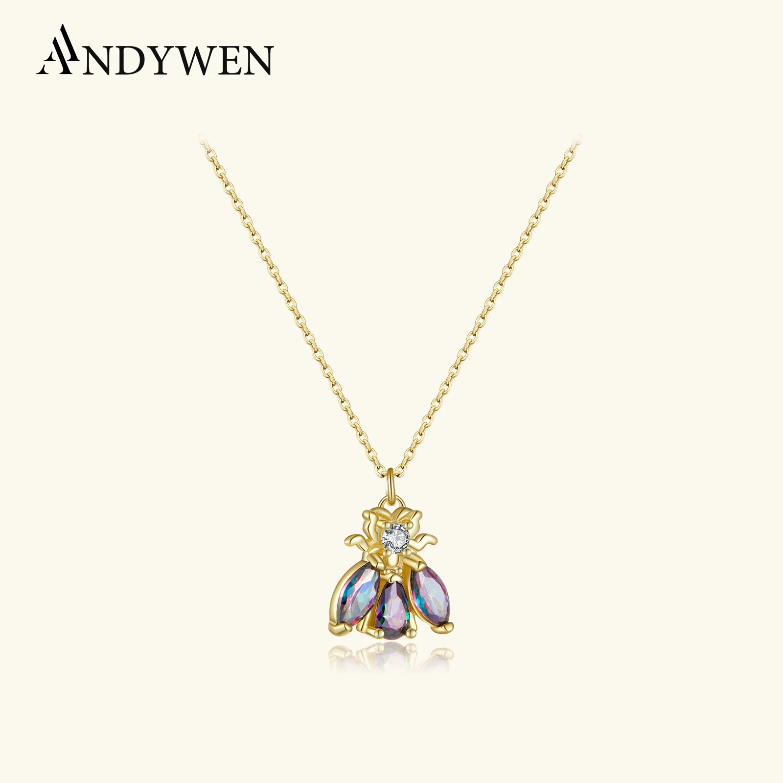 

ANDYWEN 925 Sterling Silver Green Gray Dark Zircon Bees Pendant Long Chain Necklace 2021 Rock Punk Women Rock Fashion Jewelry