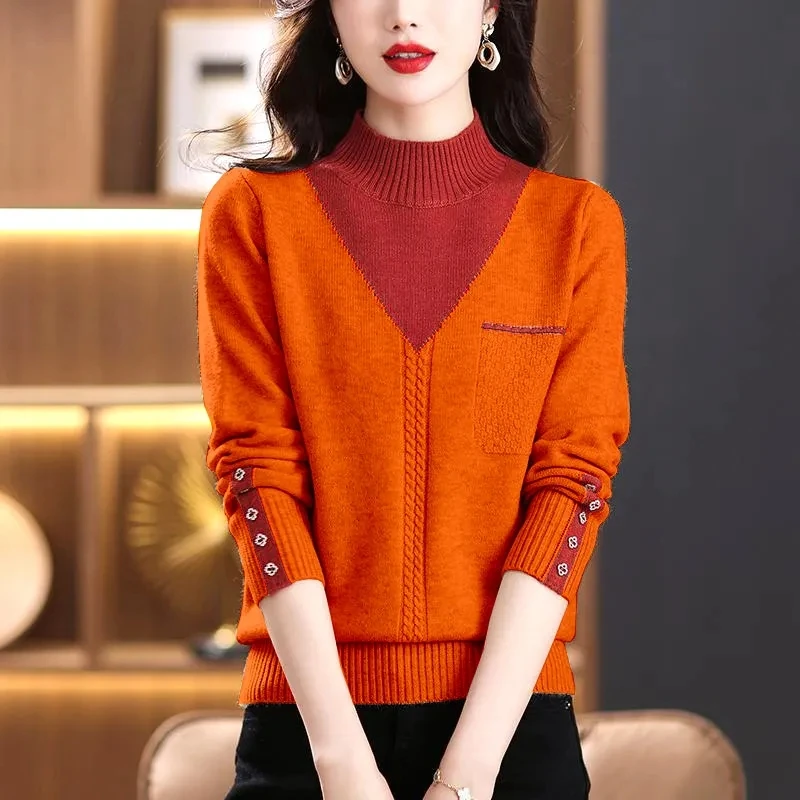 

2024Women Vintage Splicing Panelled Sweaters Autumn Winter Streetwear Fashion Mock Neck Long Sleeve Casual Slim Knitted Pullover