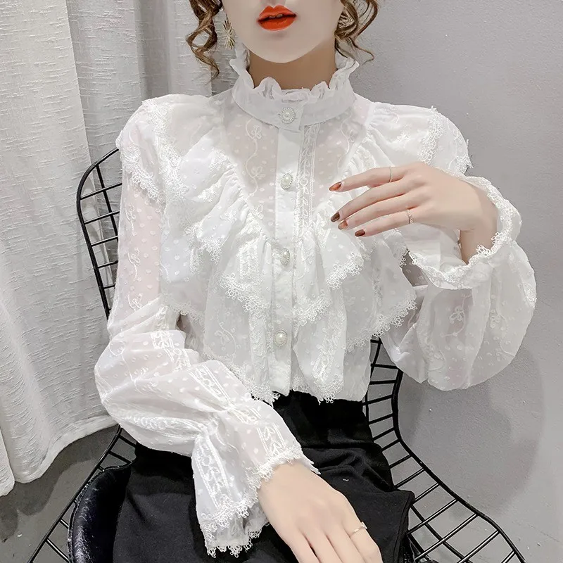 Vintage Lolita Chiffon Shirt Ruffle Stitching Elegant Lace Blouse Korean Style Long Sleeve Stand Collar Loose Chiffon Shirts