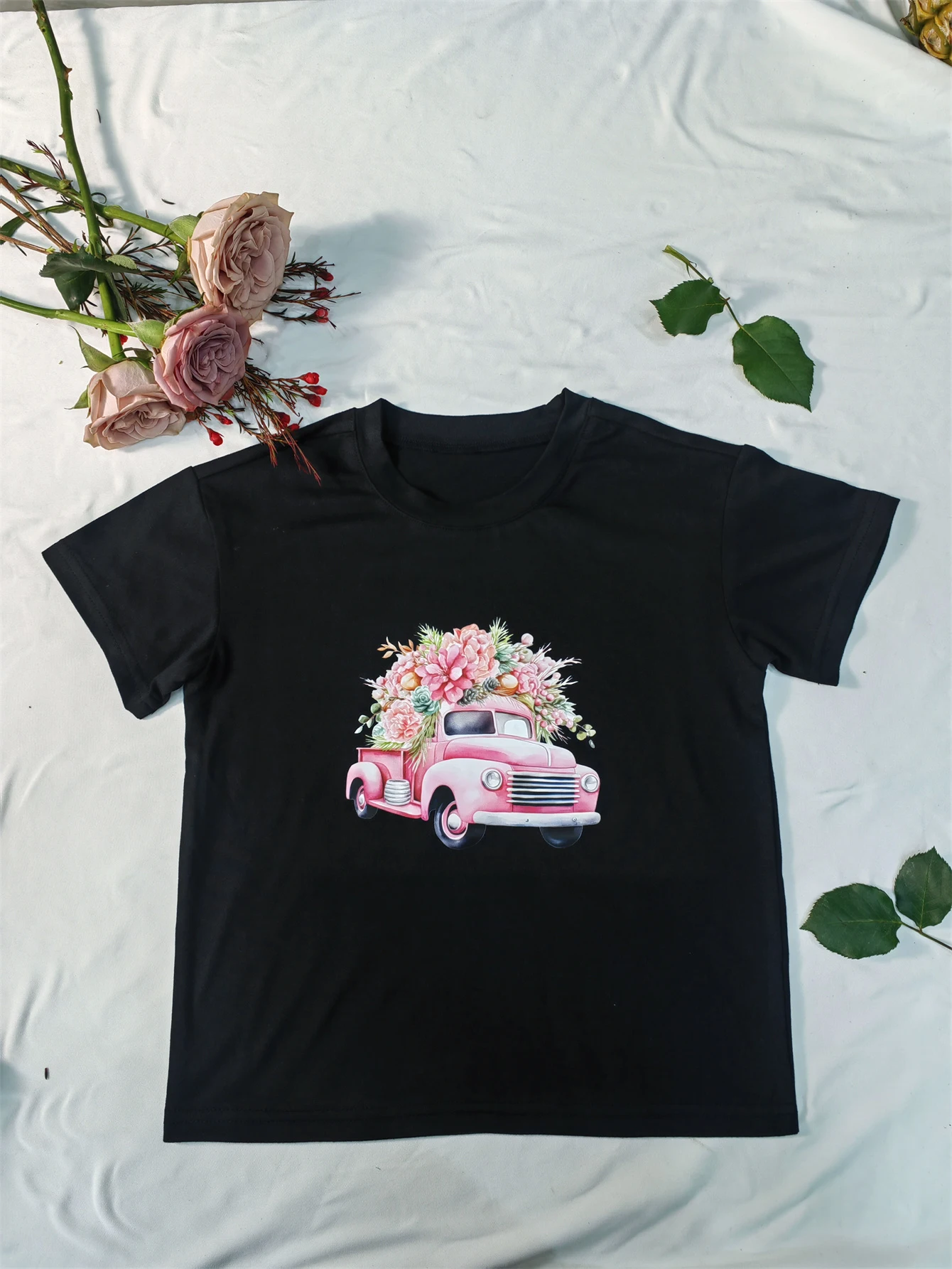 

Summer Round Neck Casual Short Sleeved Hot Stamping Top Trendy And Fashionable Flower Cart T-Shirt