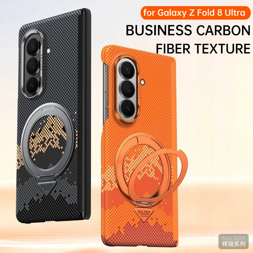 Business Carbon Fiber Texture Phone Case For Samsung Galaxy Z Fold 8 Ultra 8 for Magsafe Rotable Bracket Anti-drop Protect Cover
