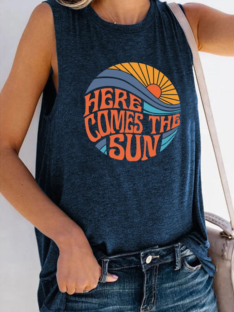 Seeyoushy Here Comes The Sun Printed Funny Women T Shirt Sleeveless ONeck Summer T Shirt Femme Clothes Vintage Graphic Tees Tops