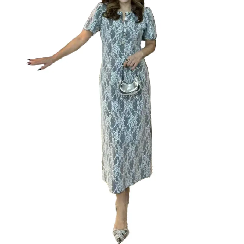 New V-ne Lace Midi Dr Heavy Embroidery Slimming Waist Bodycon Skirt ort Sve mid Waist Other Material Other Pattern