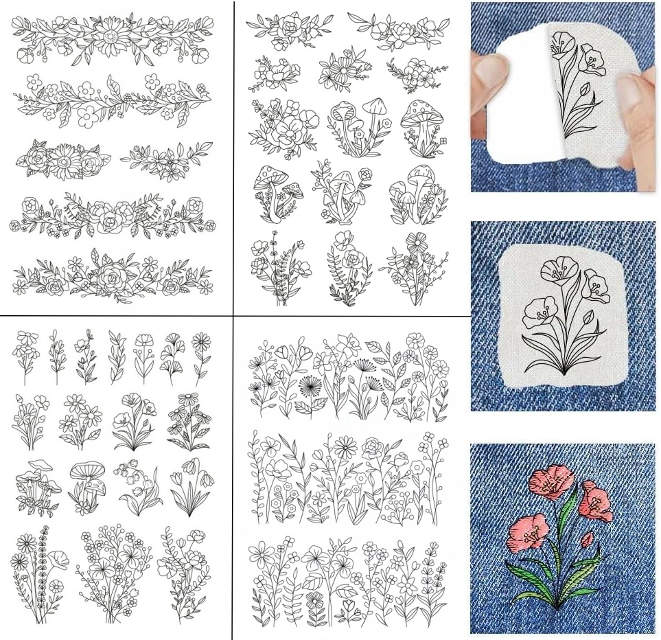 4-Blatt A4 Umweltfreundlicher Stickerei-Stabilisator - Geruchloses Wasserlösliches Selbstklebendes Papier mit Botanischen Mustern
