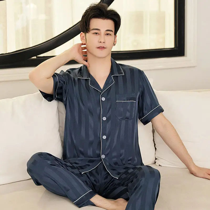 White Striped Men Pajamas Suit Short Sleeved Long Pants Thin Ice Silk Sleepwear Summer Satin Silk Home Clothing Set Pyjamas Male