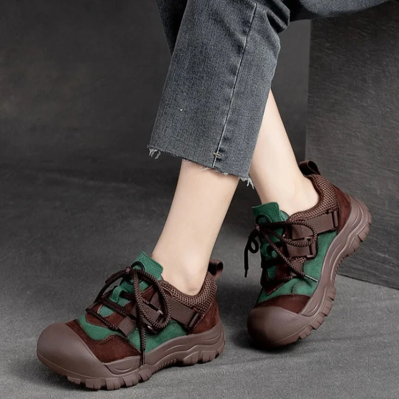 

2025 г., уличная повседневная женская обувь из натуральной кожи, новые осенние кроссовки в стиле ретро с круглым носком на мягкой подошве со шнуровкой