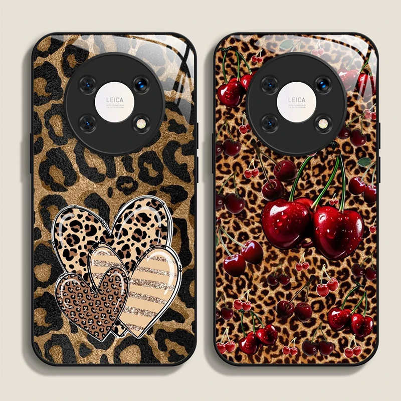 Capa de telefone de vidro temperado cereja com estampa artística de leopardo para Huawei Honor 200 Lite 100 300 Pro 90 80 GT 70 Magic 7 6 X8 X9 Capa