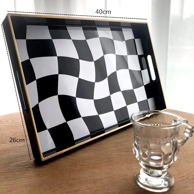 PE Plastic Black and White Checkered Storage Tray, Living Room Coffee Table Decorated Tea Tray, Family Party Rectangular Tray