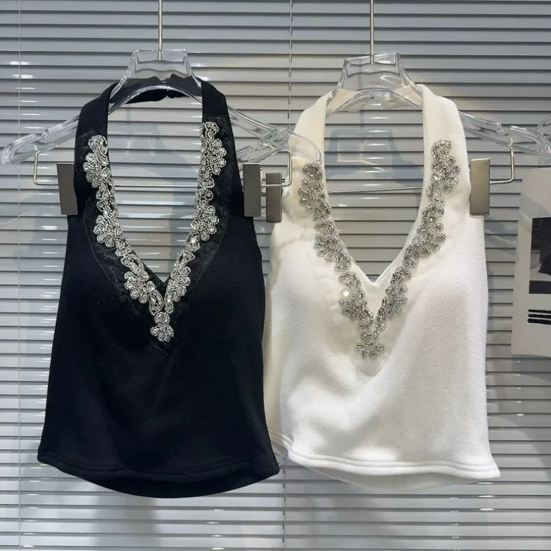 2024 Winter New Temperament Rhinestones Celebrity Flower Drill Edge Halter Slim Fit Versatile Suspender Sling Tank Top