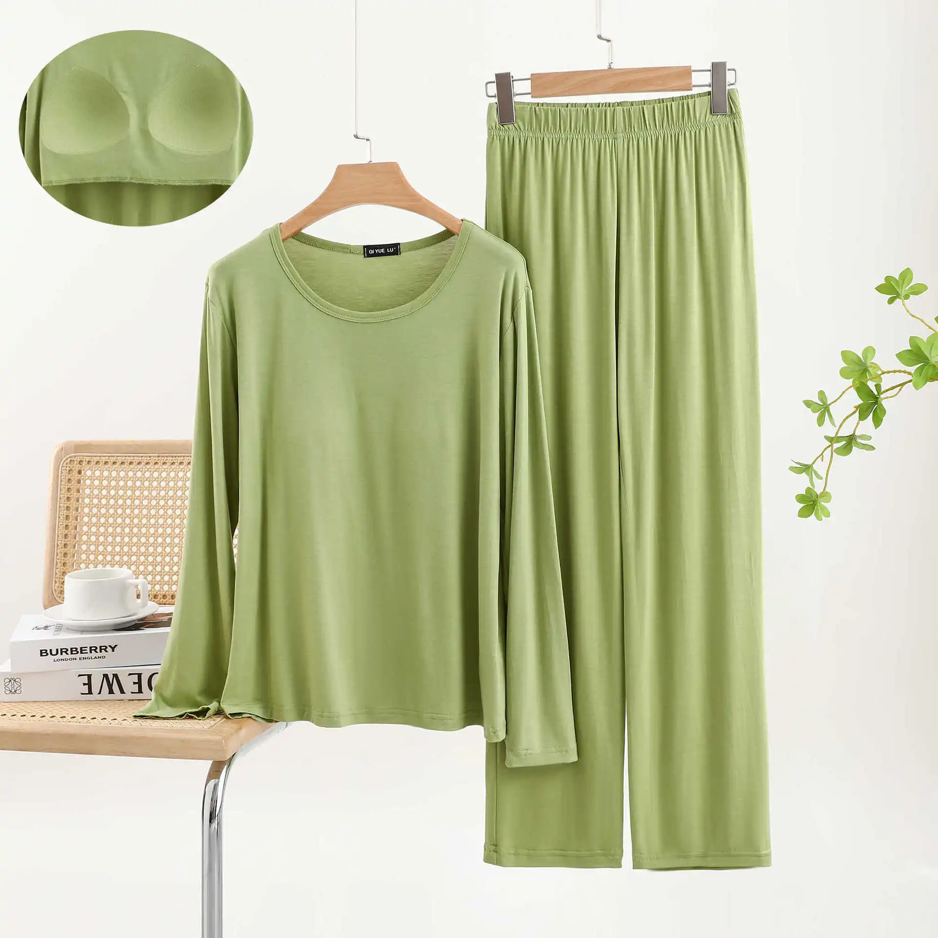Modal Spring and Autumn Round Neck Long Sleeved Pajamas Women's Chest and Loose Large Size Sleepwear Homewear Student Nightwear 4