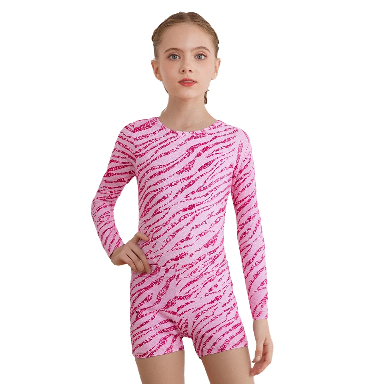 Kids Girls Gymnastics Dance Training Outfit Zebra-Stripe Leotard with Shorts And Headwear for Skating Acrobatics Dance Suits