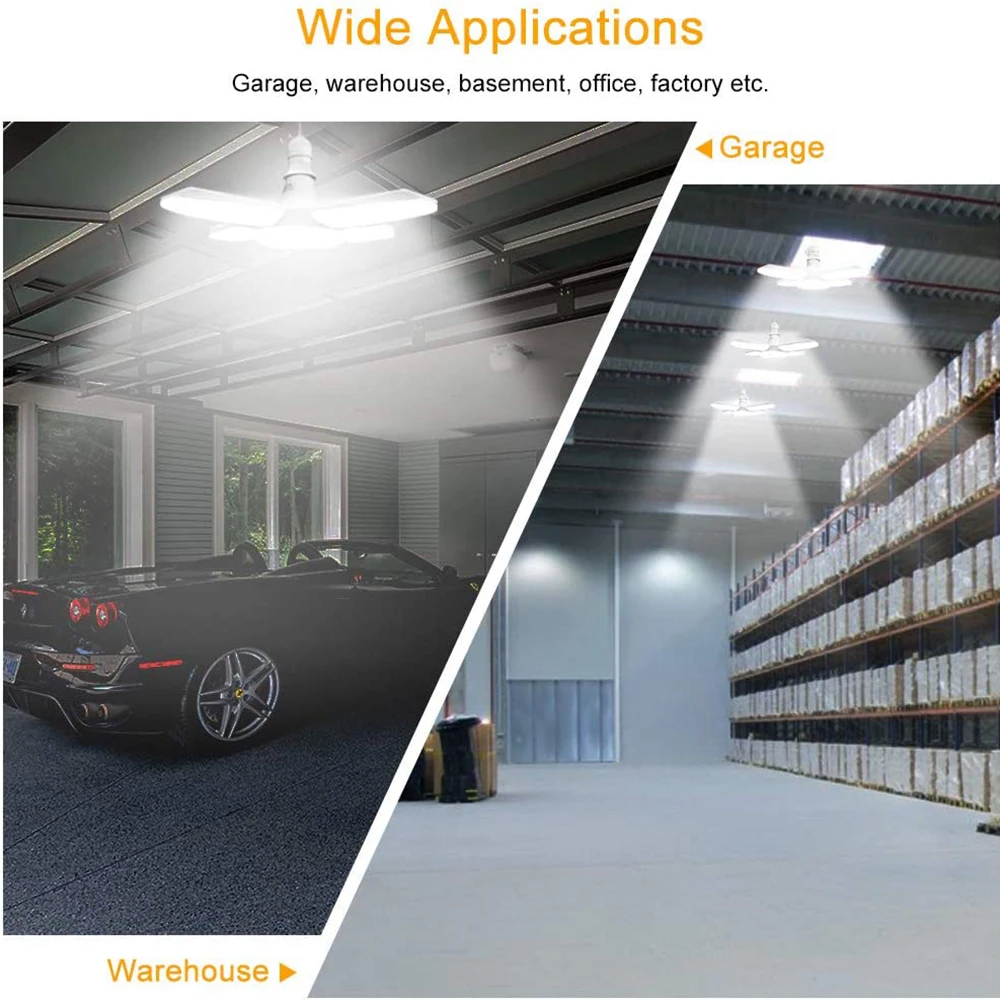 LED Garage Light 38W 3800LM Deformable Ceiling Light With 4 Ajustable Panels Easy To Install Warehouse Workshop Folding Car Lamp