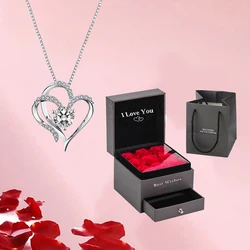 Elegant Heart Zircon Pendant Necklace With Luxury Rose Flower Gift Box For Women Wedding Gift 2024 New In Romantic Jewelry