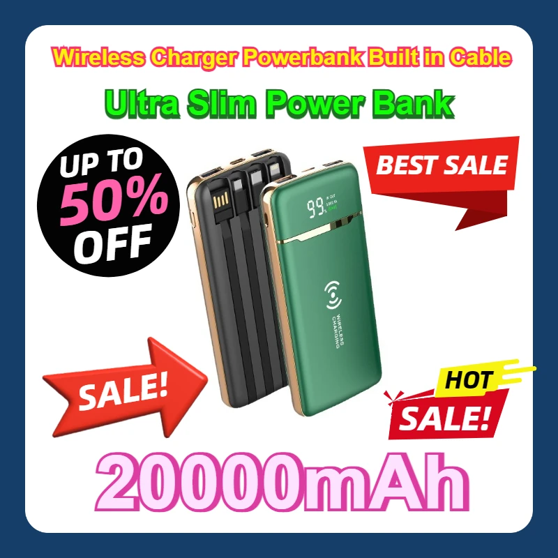 

For IPhone 15 14 Samsung S23 Huawei Xiaomi Poverbank Ultra Slim Power Bank 20000mAh Qi Wireless Charger Powerbank Built in Cable