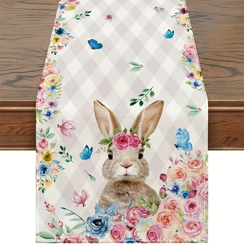 Easter Buffalo Plaid Bunny Egg Floral Linen Table Runner for Spring Party Table Decoration Wedding Kitchen Dining Multi-Size