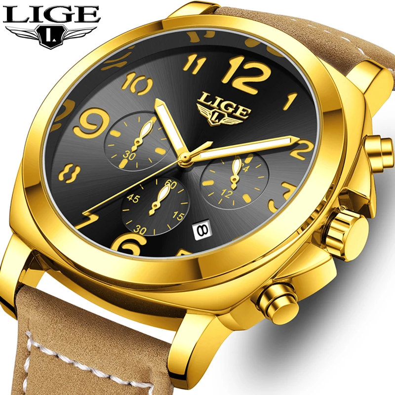 LIGE Outdoor Sports Watches For Men Fashion Business Leather Men's Quartz Wristwatches Waterproof Luminous Big Dial Watch Men