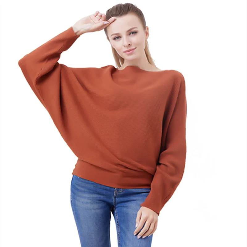 New Autumn and Winter Women's Knitted Sweater with a One Necked Bat Shaped Sweater and a Loose Threaded All Match Top