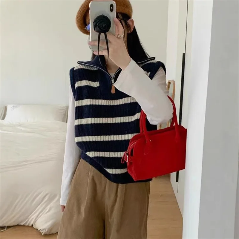 Striped Half-zipper Pullover Sleeveless Sweater Women's Autumn New Knitted Vest Vest Top