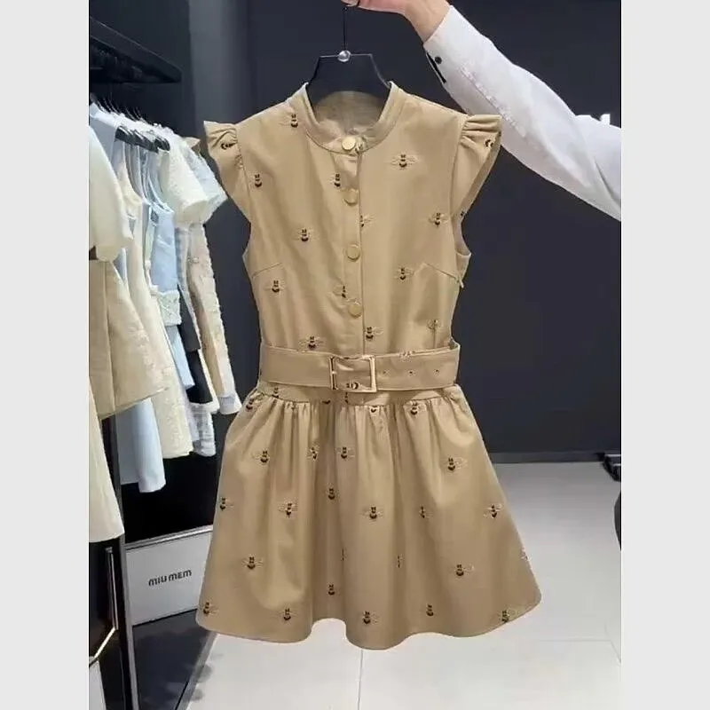 Commute Style Womens Clothes Summer New French Chic Design Flying Sleeves Khaki Print Dresses Daily Work Concise Dress for Women