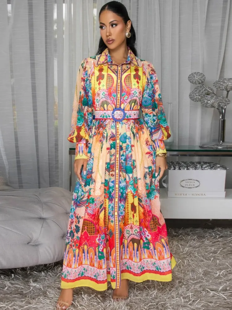 

African Dresses For Women Elegant Dashiki Long Sleeve Flower Maxi Dress Ladies Traditional Africa Clothing Fairy Long Dress