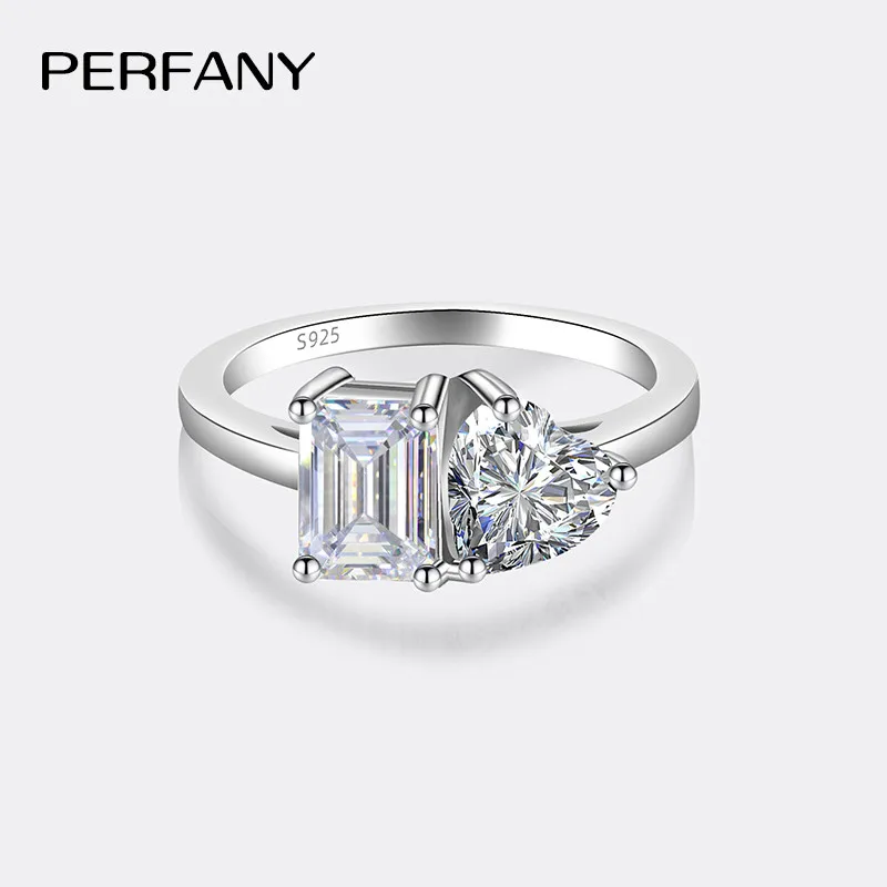 PERFANY 2CT Heart-Shaped Moissanite Women's Ring S925 Pure Silver Emerald/Radiation Cutting Laboratory Diamond Wedding Jewelry