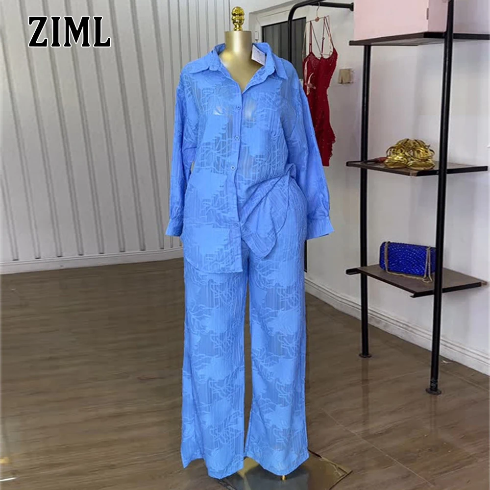 

ZIML Solid Loose Chct Sets Lapel Long Sleeve Spliced Bttton Tops High Waist Holow Out Loose Pants Temperament Set Female Style