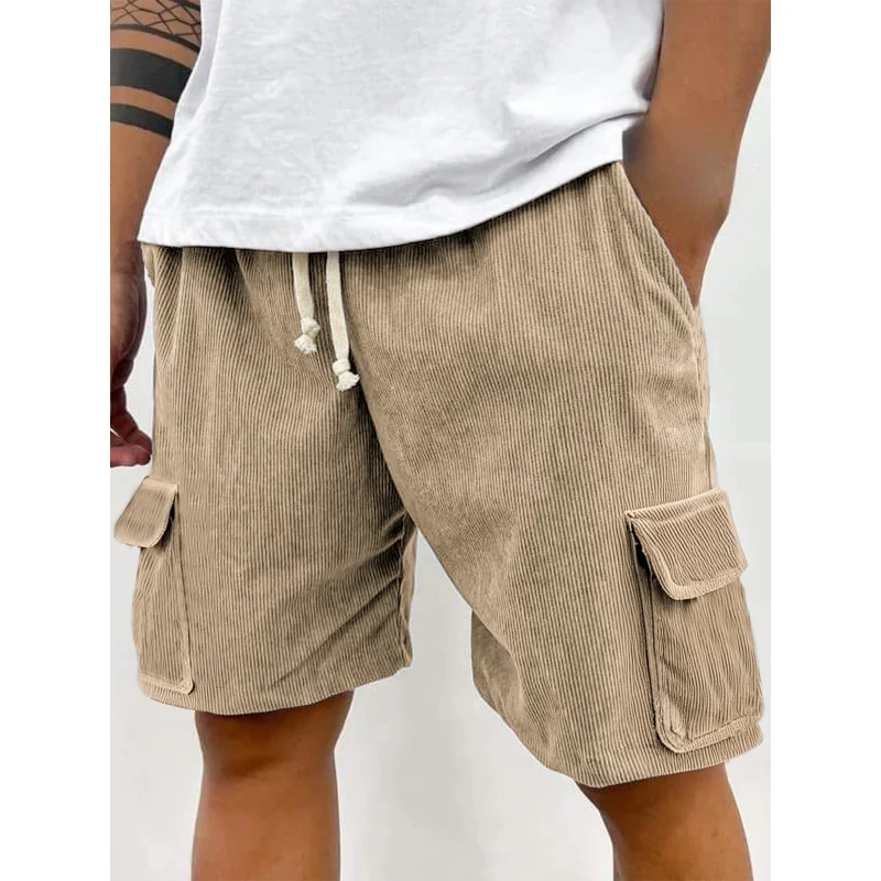 New 2026 European American Style Men's Corduroy Shorts Retro Solid Drawstring Basketball Casual Knee Length Pants