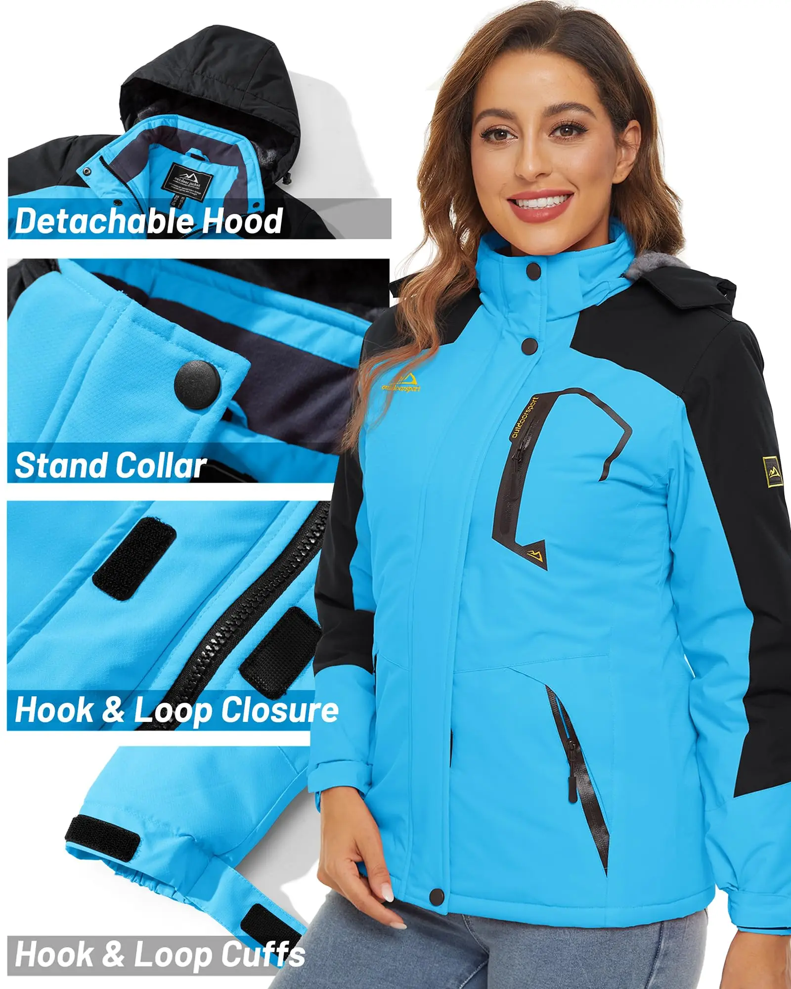 Damen Winter verdickte Jacke wasserdichte Skijacken Schneemantel warme Fleece-Regenjacke mit Kapuze Windjacke Wandern im Freien – Detail 11