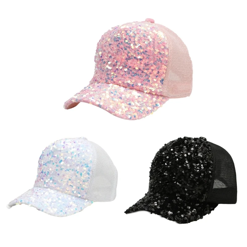 

Girl Breathable Baseball Caps Sequins Visors Hat Teen Wide Brims Sunproof Hat