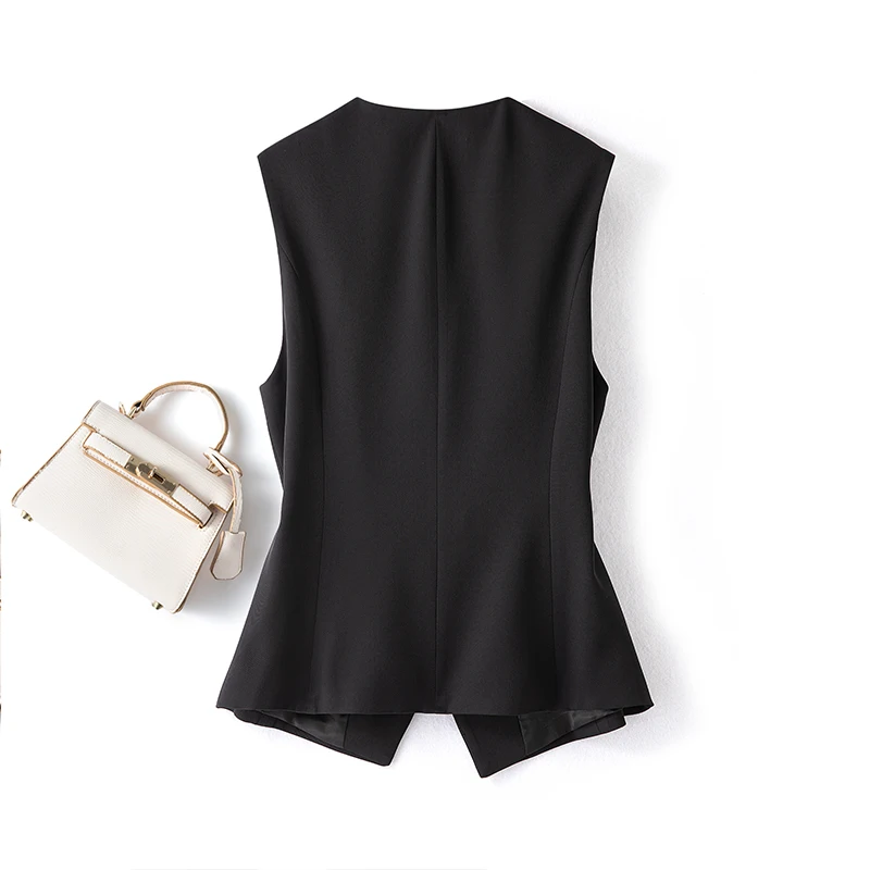 #0729 Black Outerwear Vest Women V-neck Slim Asymmetrical Blazer Vest Female Short Sleeveless Vest Coat Single Breasted Spring