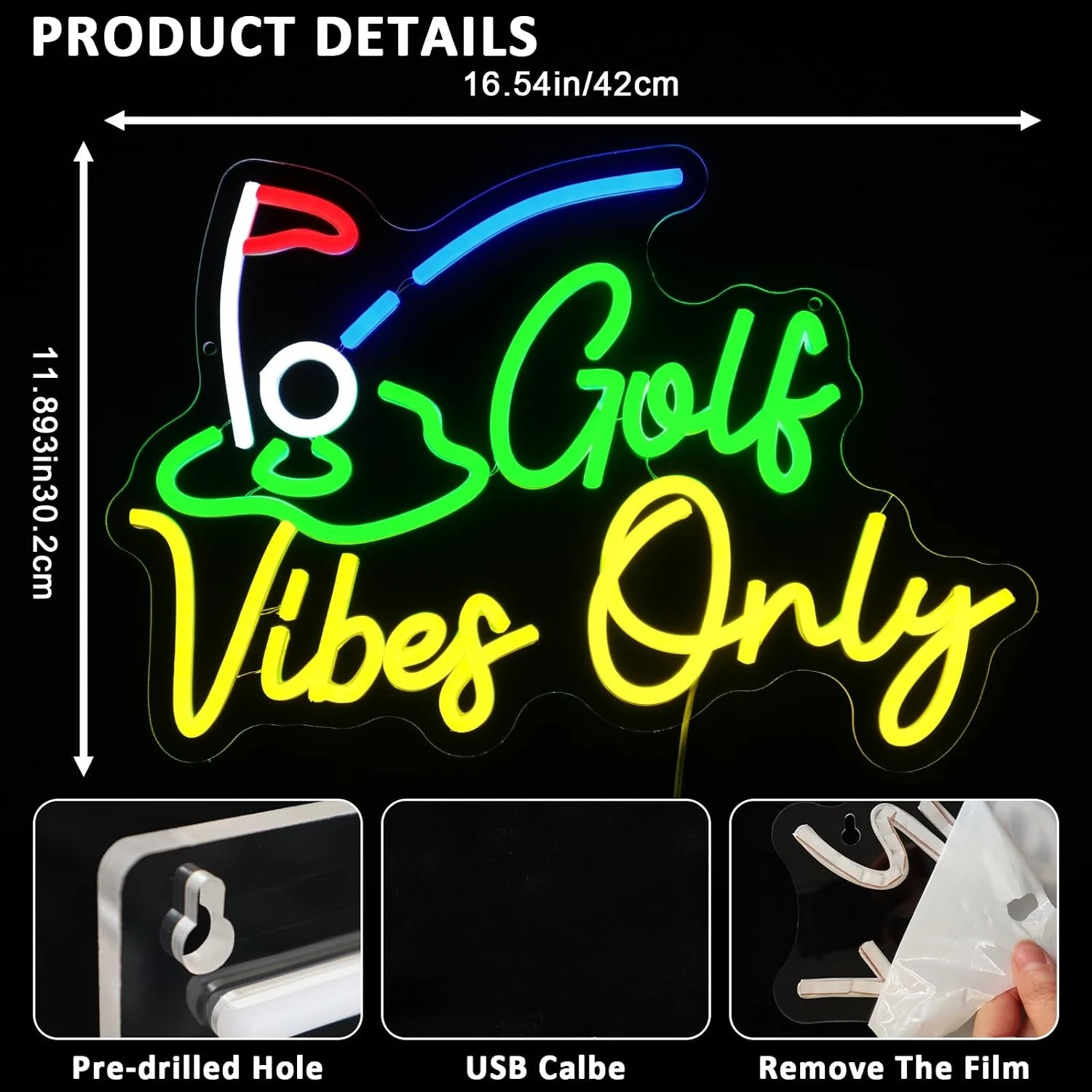 Golf Vibes Only Neon Sign USB LED Neon Light for Golf Club Man Cave Bar Game Room Bedroom Wall Art Decoration Gift Night Light