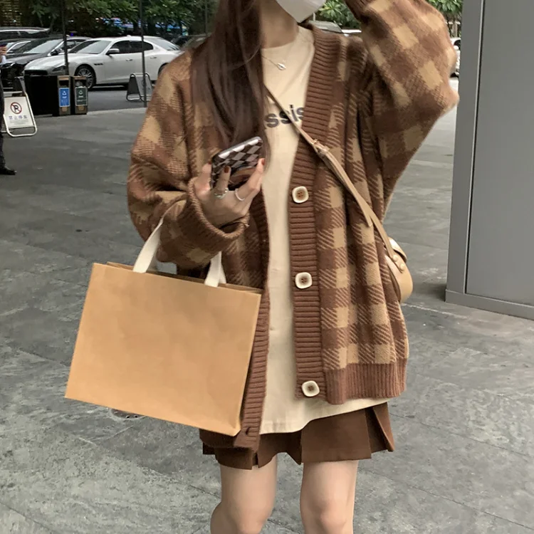 Harajuku Sweet Chessboard Grid Knitted Cardigan Autumn Loose Long Sleeve Sweater Women Y2k Grunge Single Breasted Cardigans