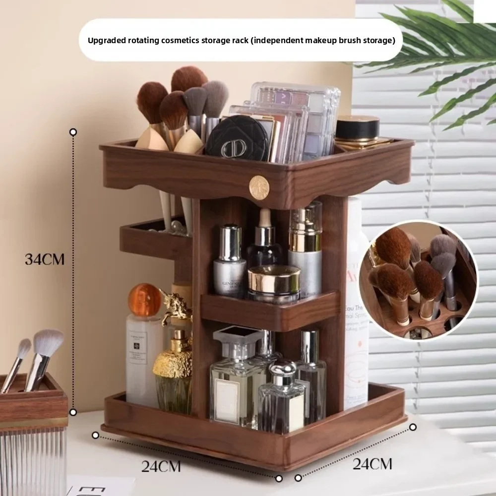 Rotatable Walnut Vanity Organizer Large Capacity Desktop Storage Holder For Cosmetics Skincare & Perfume