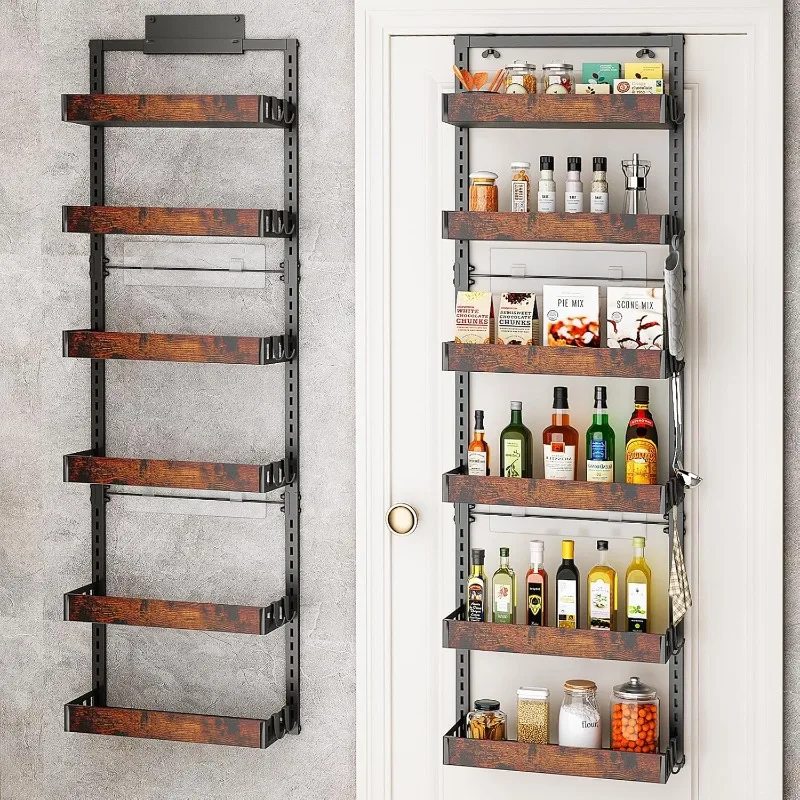 

bukfen Over the Door Pantry Organizer, 6-Tier Adjustable Wooden Basket Kitchen Pantry Door Organization and Storage