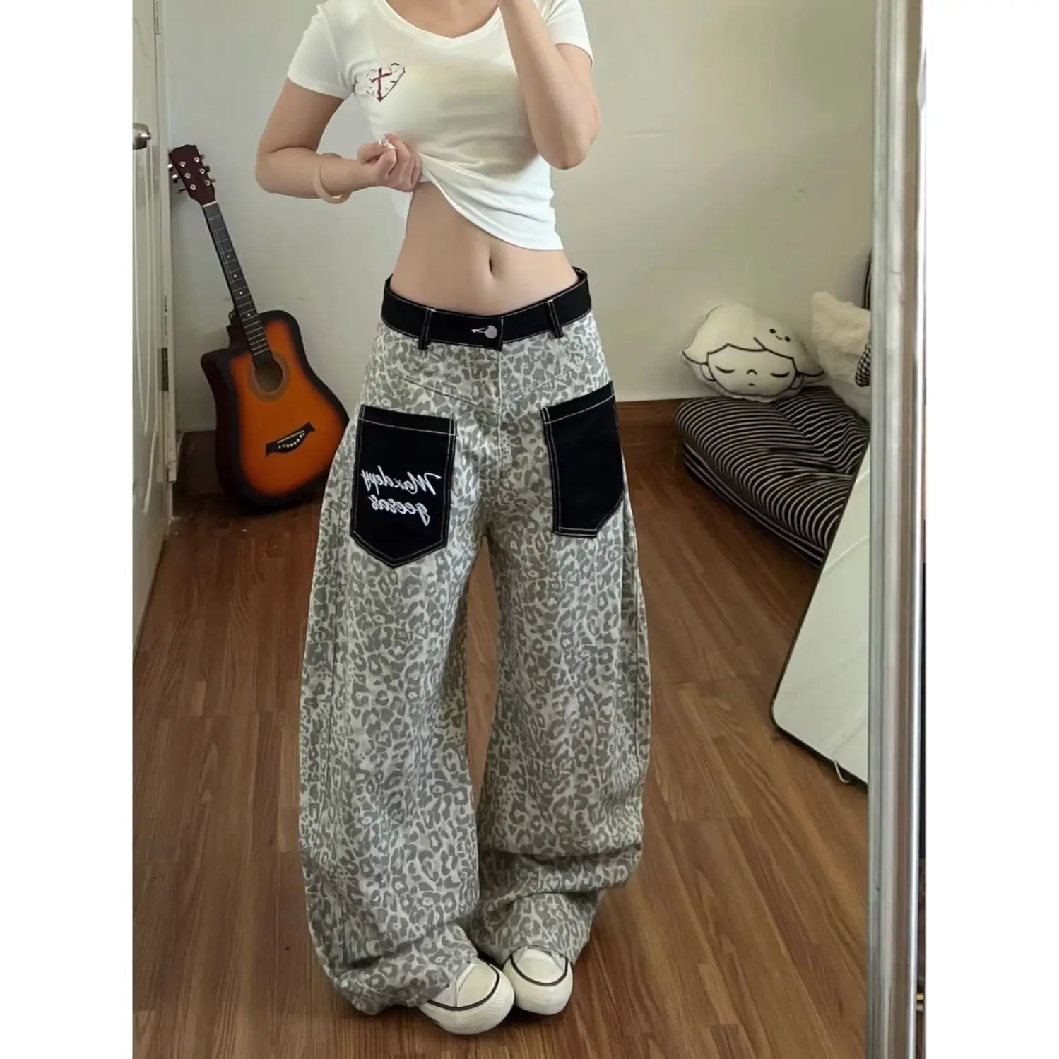 

Retro American Leopard Print Splicing Jeans Loose Straight Leg Pants Men Women Spring New Design Casual Cotton Polyester Blend