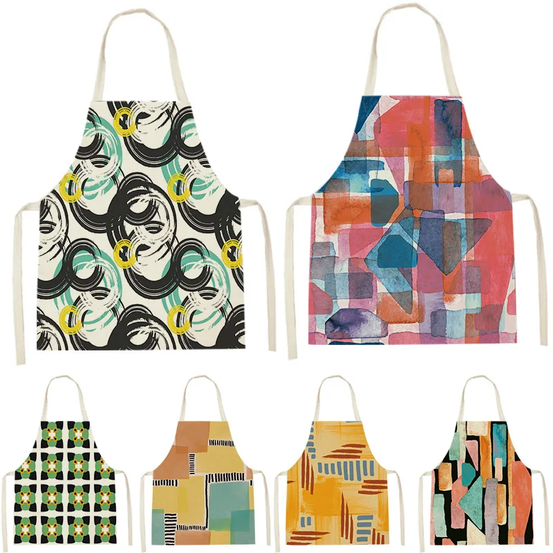 1 Pcs Creative Geometric Cotton Linen Apron Woman Adult Kids Bibs Home Cooking Baking Coffee Shop Cleaning Aprons