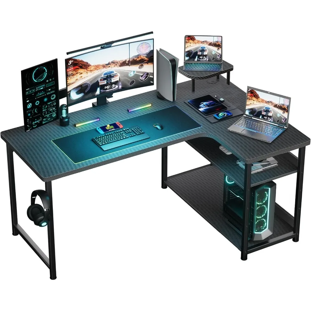 

L Shaped Gaming Desk, Carbon Fiber Style Computer Desk Compatible with Monitor Arm Storage Shelves Corner Desk Gaming Table for