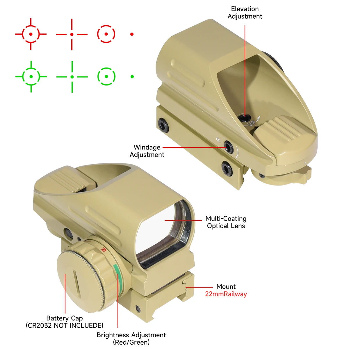 HD103 1x22x33 Green Red Dot Sight 4 Reticle Optics ON & Off Switch Sight  Collimator Optical Riflescope with 20mm Rail Mount