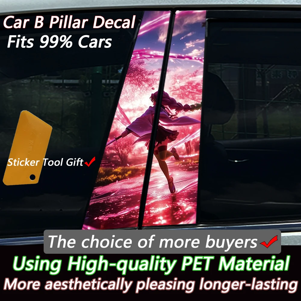 2PCS Cool Pink Anime Girl Car Window Pillar Sticker Split B-pillar Decal Waterproof PVC Auto Styling Vehicle Decoration