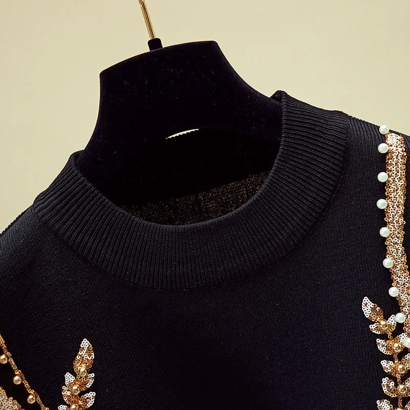 

Fashion Manual Beading Sequin Flower Women Knitted Sets Long Sleeve Pullover Pencil Pant Casual Knit Sportswear Outfits Female